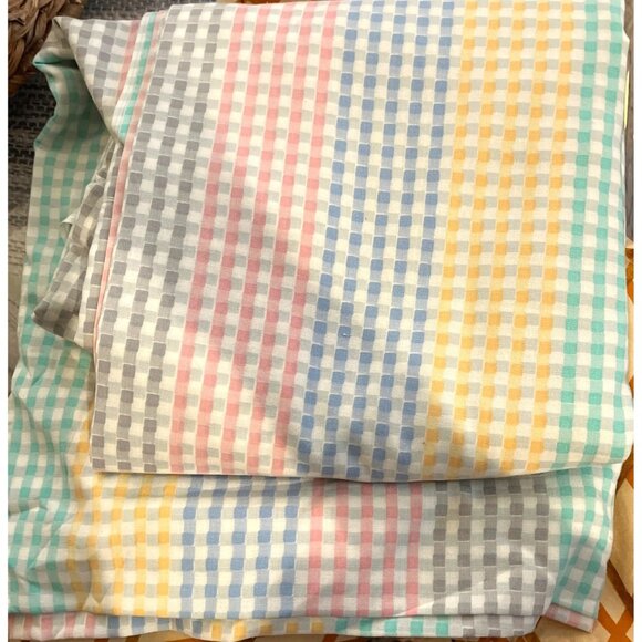 Vintage 1970's Cannon Cotton Fresh Queen Bed Flat Sheet | Gingham Check Stripes - Picture 1 of 4